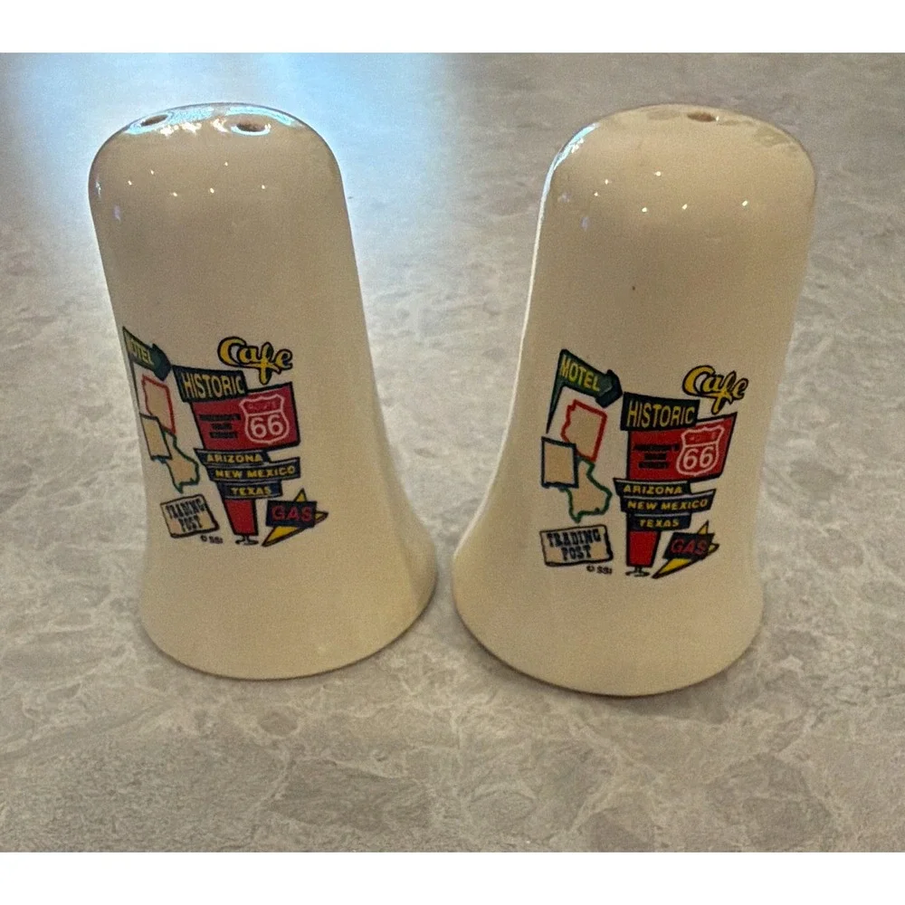 Route 66 Road Sign Ceramic Salt & Pepper Shakers Set White Multicolor 2pc